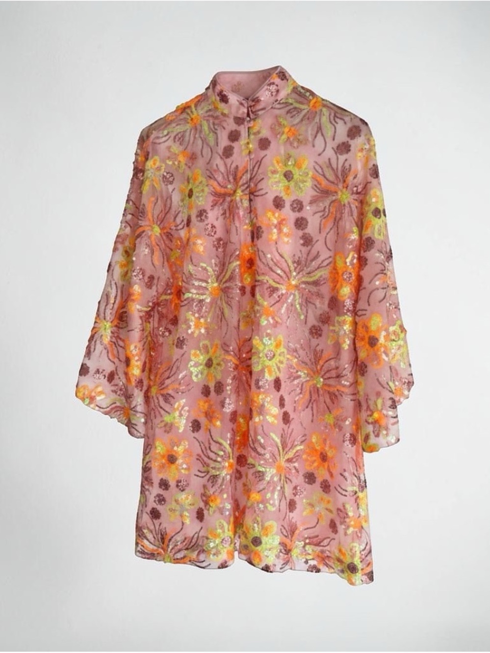 Sheer Pink Floral Mini Dress with Orange and Yellow Accents